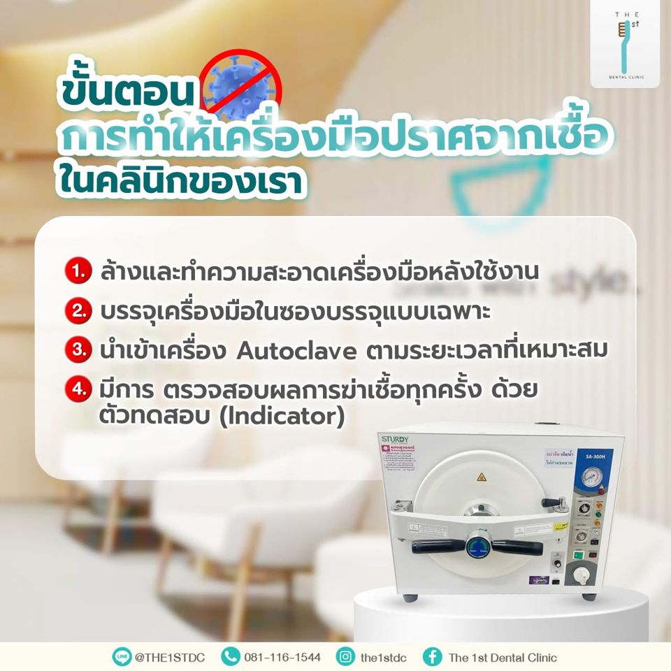 ขั้นตอนทำให้เครื่องมือปราศจากเชื้อในคลินิก — ขั้นตอนฆ่าเชื้อ, ซองบรรจุเครื่องมือ, ตัวทดสอบ Indicator